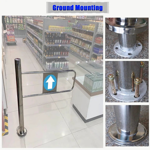 Solid Self Closing Safety Gate With Hassle Free Post Mount, showing ground mounting detail for store aisles.