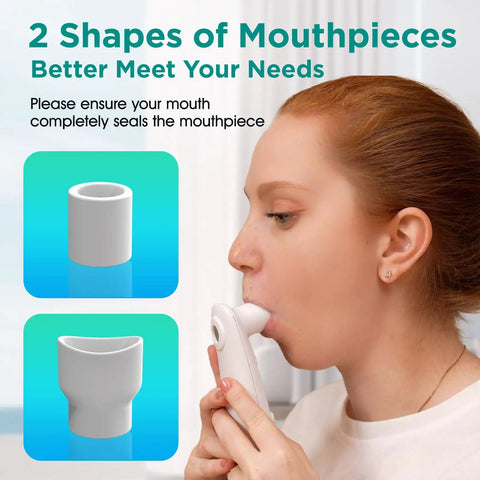 Peak Flow Meter For Asthma With FEV1 And PEF Readouts For Adults And Kids, white mouthpiece in use with two shapes