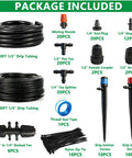 Package contents of All In One 240 Ft Drip Irrigation System Kit With 1/2 Inch Main Hose And 1/4 Inch Distribution Tubing displayed.