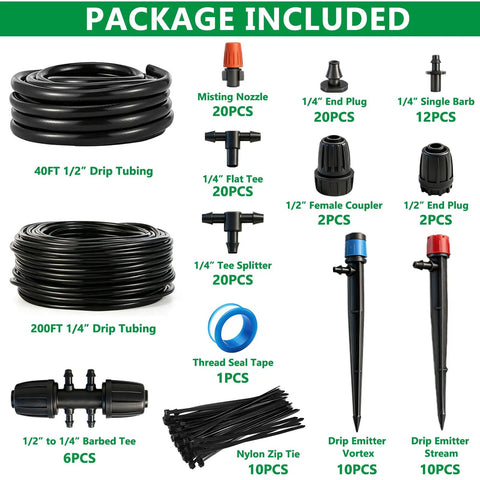 Package contents of All In One 240 Ft Drip Irrigation System Kit With 1/2 Inch Main Hose And 1/4 Inch Distribution Tubing displayed.