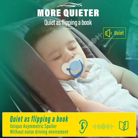 Sleeping baby in stroller promoting quiet wiper blades with text "More Quieter, Quiet as flipping a book"