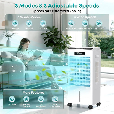 Beast Mode Cooling 8000 BTU Windowless Portable AC with 3 modes, 3 speeds, showing timer and oscillation features in living room.