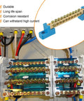 Grounding Bus Bar 10 Positions Brass Wire Screw Terminal Block For Marine Industrial Gear And Distribution Cabinets Pack Of Four With M4 Screws Included installed in a distribution cabinet.