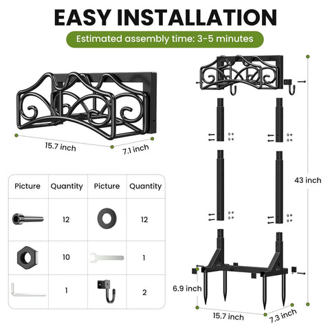 Heavy Duty Freestanding Garden Hose Holder Built To Last With Thick Gauge Metal For Outdoor Use, assembly parts and dimensions