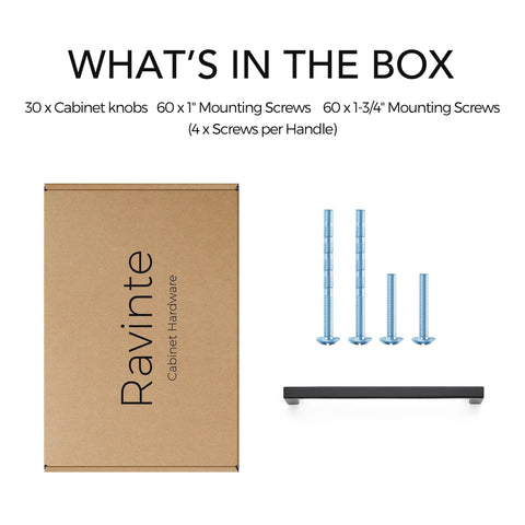 30 Pack Matte Black Cabinet Pulls With Five Inch Center To Center Holes shown with screws and box