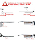 Diagram showing hinge and latch offsets for door installation with different hinge types.