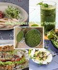 Collage of dishes using Pro Grade 9 Inch Stackable Stainless Steel Seed Sprouting Kit With 3 Tier Mesh Germination Trays sprouts