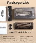 Package contents of Built Different 65 Percent Wireless Mechanical Keyboard Featuring Solid Walnut Wood Shell And Hot Swap Switches.