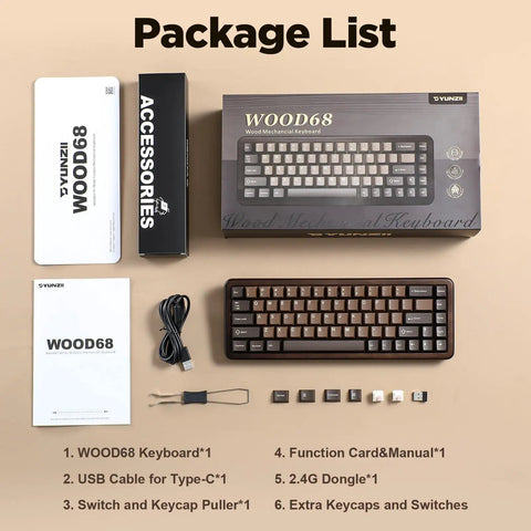 Package contents of Built Different 65 Percent Wireless Mechanical Keyboard Featuring Solid Walnut Wood Shell And Hot Swap Switches.
