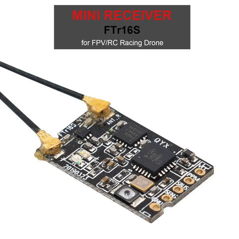 Close-up of AFHDS3 2.4GHz 16 Channel RC Receiver With Dual Antennas showing circuitry for drone connectivity and control.