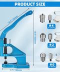 Three Die Hand Press Grommet Machine With Size 0 2 4 Dies And 1500 Grommets Kit dimensions and components shown