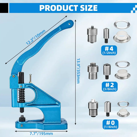 Three Die Hand Press Grommet Machine With Size 0 2 4 Dies And 1500 Grommets Kit dimensions and components shown
