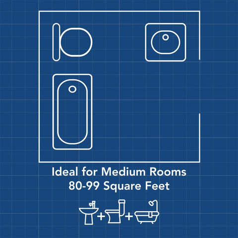 Blueprint showing bathroom layout, compatible with PowerHeat Bathroom Exhaust Fan and Heater Non Lit, 80 CFM, 1300 Watt Heater.