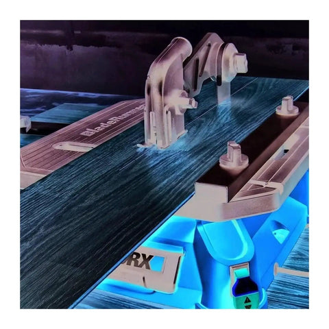 Hella Portable Electric Table Saw Compact Desktop Build on wood, showcasing steel rip fence and adjustable miter gauge.
