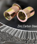 Heavy Duty One Hundred Piece 10 32 Thread Rivet Nuts And Nutserts Built Tough From Rust Resistant Carbon Steel With Durable Zinc Plating For Sheet Metal Jobs And Zero Hassle Assembly.