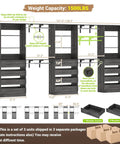 Detailed dimensions and capacity of Rock Solid Black Oak L Shaped Closet Organizer System With Twelve Super Spacious Drawers And Four Expandable Hanging Rods.
