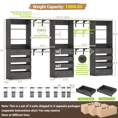 Detailed dimensions and capacity of Rock Solid Black Oak L Shaped Closet Organizer System With Twelve Super Spacious Drawers And Four Expandable Hanging Rods.