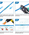 Four-step guide to using Heavy Duty Heat Shrink Butt Connectors 500 Pcs 16-14 AWG Blue for wiring projects.