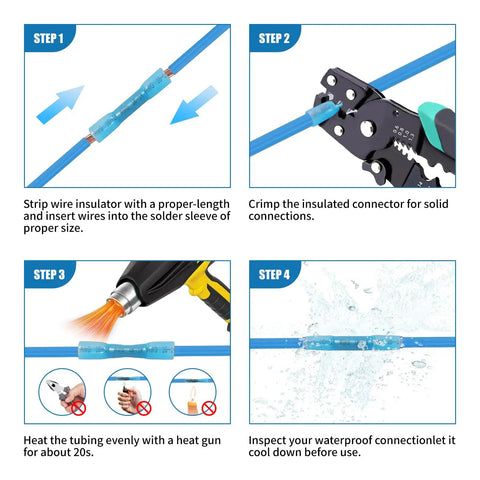 Four-step guide to using Heavy Duty Heat Shrink Butt Connectors 500 Pcs 16-14 AWG Blue for wiring projects.