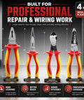 Pro Grade 1000V Insulated Pliers Set For Electricians, 4 Piece Heavy Duty Cr-Mo Tools With 8 Inch Combination Pliers, 8 Inch Needle Nose Pliers, 8 Inch Wire Stripper, And 7 Inch Diagonal Cutters shown front view