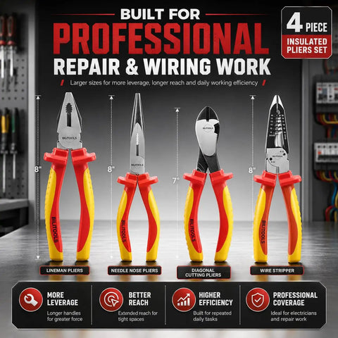 Pro Grade 1000V Insulated Pliers Set For Electricians, 4 Piece Heavy Duty Cr-Mo Tools With 8 Inch Combination Pliers, 8 Inch Needle Nose Pliers, 8 Inch Wire Stripper, And 7 Inch Diagonal Cutters shown front view