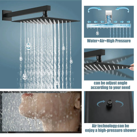 Matte Black Shower System With 12 Inch Rainfall Head And Handheld Spray Brass Construction showing high-pressure water flow