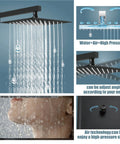 10 Inch Matte Black Rainfall Shower System with adjustable angle and high-pressure water flow, shown in use