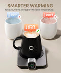 Level Up Your Morning Vibe This Smart Mug Warmer Game Changer Keeps Your Daily Brew Piping Hot With Precision Temp Control 15 Oz Ceramic Mugs Lids And Spoons Simple Cord Setup, temperature display and black mug on warmer.
