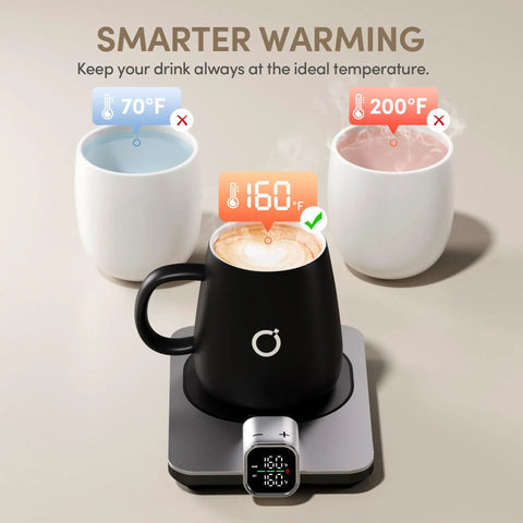 Level Up Your Morning Vibe This Smart Mug Warmer Game Changer Keeps Your Daily Brew Piping Hot With Precision Temp Control 15 Oz Ceramic Mugs Lids And Spoons Simple Cord Setup, temperature display and black mug on warmer.