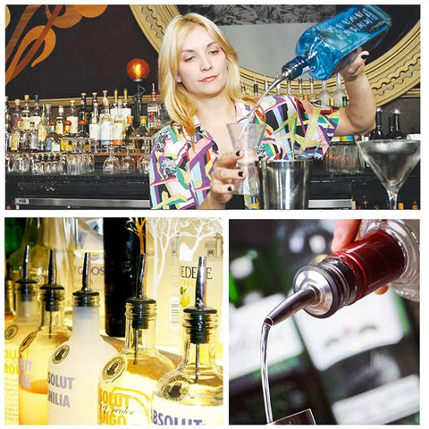 Set Of 2 Stainless Steel Pourers For Liquor Olive Oil And Vinegar Bottles With Tapered Stopper Spouts No Spill Control Sealed Dust Caps Fits About Three Quarters Inch Bottle Openings Durable And Easy To Clean Built Like A Tank, bar and bottle close-ups