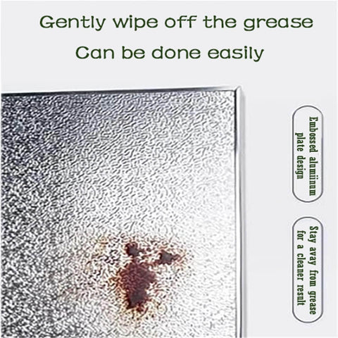 Close-up of textured Must Have Magnetic Heat Shield Mat For Refrigerator And Stove with oil stain and easy-to-clean text