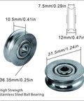 Beefy 5mm Deep U Groove Ball Bearings Pack Of 2 For Pulleys And Rails, showing measurements and stainless steel material visualization.