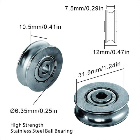 Beefy 5mm Deep U Groove Ball Bearings Pack Of 2 For Pulleys And Rails, showing measurements and stainless steel material visualization.