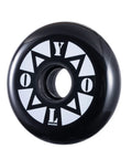 Black and white 80mm inline skate wheel with unique pattern design, 24mm thick, 85A urethane for smooth indoor and outdoor skating.