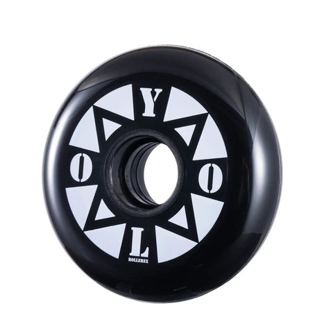 Black and white 80mm inline skate wheel with unique pattern design, 24mm thick, 85A urethane for smooth indoor and outdoor skating.