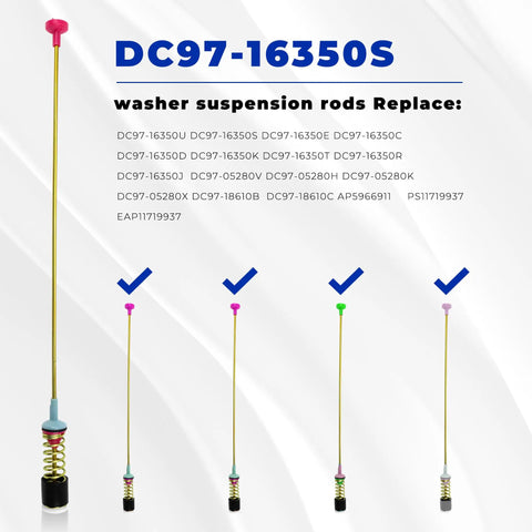 Heavy Duty Top Load Washer Suspension Rods Four Pack Smooth Operator Shock Stabilizers Compatible With Samsung WA50R5400AV WA45T3200AW displayed with multiple colored ends.
