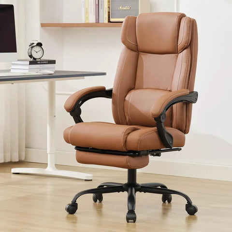 Boss Level Comfort Reclining Office Chair With Footrest For All Day Comfort Ergonomic Leather Desk Chair For Home Office Brown