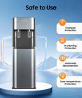 Dark gray bottom loading water cooler dispenser with 304 stainless steel construction, electrostatic spray finish, and safety features.