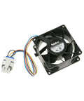 Refrigerator Evaporator Fan Motor WR60X26866 WR60X26033 Replacement with wires and connector, black plastic, top view