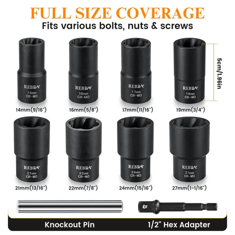 Badass 9 Piece Bolt Extractor Set With Center Punch Bar 1/2 Inch Drive Impact Sockets Shred Through Stubborn Stripped Rounded Rusty Lug Nuts And Seized Fasteners With Zero Sweat Ease showing multiple socket sizes.