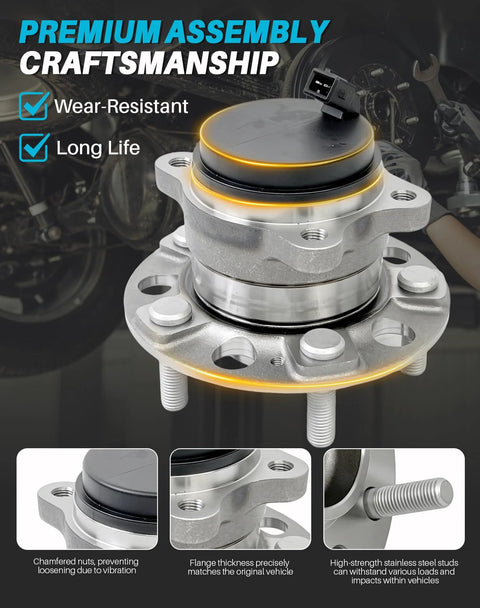 Front view of Rear Wheel Bearing Hub Assembly 2 Piece Set With ABS And 5 Lugs Direct Fit For Hyundai Sonata 2015 To 2019.