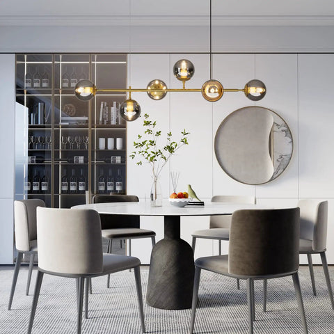 Modern Gold Pendant Lighting With Smoke Gray Glass Globes Adjustable 6-Light Hanging Ceiling Fixture for Living Room