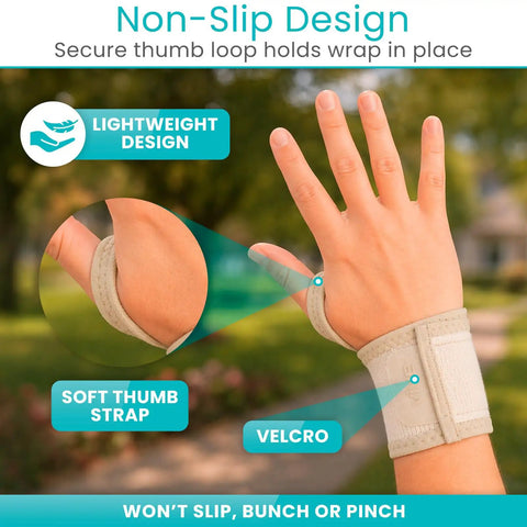 Close-up of beige adjustable wrist wrap brace with thumb loop for carpal tunnel, shown on hand outdoors, velcro and soft strap visible.