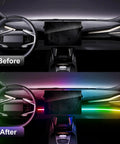RGB Car Interior LED Strip Light 43.3 Inch With USB Port And App Control, Music Sync, 146 LEDs Fiber Optic Ambience Lighting showing interior before and after effect.