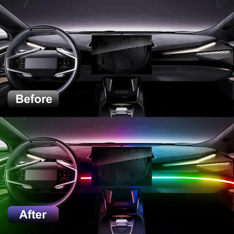 RGB Car Interior LED Strip Light 43.3 Inch With USB Port And App Control, Music Sync, 146 LEDs Fiber Optic Ambience Lighting showing interior before and after effect.