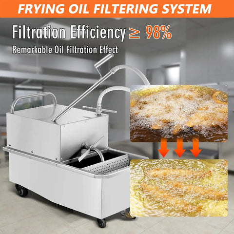 Commercial Deep Fryer Oil Filter Machine 550W With Pump, Mobile Cart Stand And 201 Stainless Steel Separator, 55L Capacity, showing filtration process.