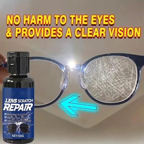 Scratch Repair For Sunglasses And Glasses With Dual Action Shield 50g Deep Cleaning Liquid next to scratched glasses lens.