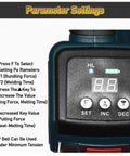 Heavy Duty Handheld Electric Strapping Machine With 4000Mah Battery showing parameter settings screen for bundling force and welding time.