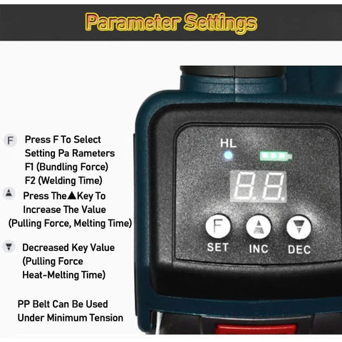 Heavy Duty Handheld Electric Strapping Machine With 4000Mah Battery showing parameter settings screen for bundling force and welding time.