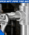 Pro Grade NPT Pipe Tap Set 6 Piece Kit with Sizes 1 Inch, Three Quarter Inch, One Half Inch, Three Eighths Inch, One Quarter Inch, One Eighth Inch Alloy Steel Pipe Thread Cutting Tool inserted into metal pipe